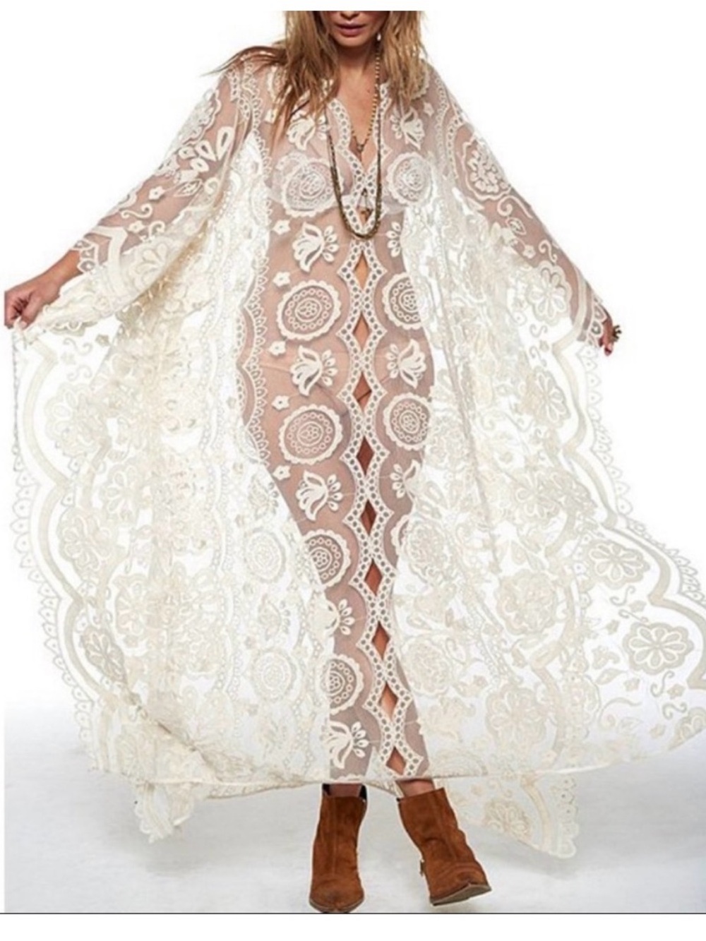 Sheer Lace Maxi Swim Coverup - Cream